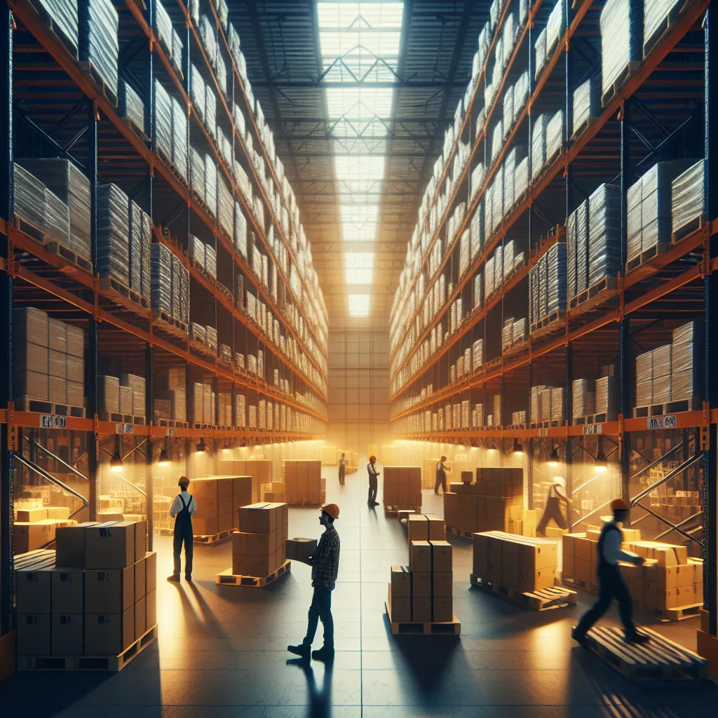 Ilustração para artigo sobre: B2B distribution warehouse. Estilo editorial, profissional, sem texto na imagem.